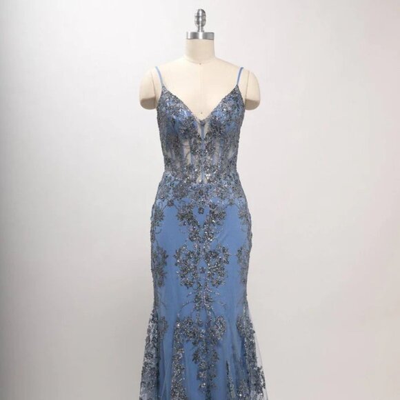 New Prom Glitter Embellished Maxi Mermaid Gown w/ V-Neck & Zipper Back TC L2820W
